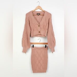Lulu's Blush Pink Cable Knit Sweater and Skirt Two Piece Set